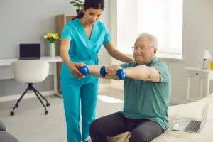 Chronic illness management at home concept. Nurse with patient.