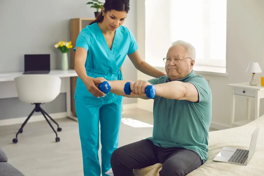 Chronic illness management at home concept. Nurse with patient.